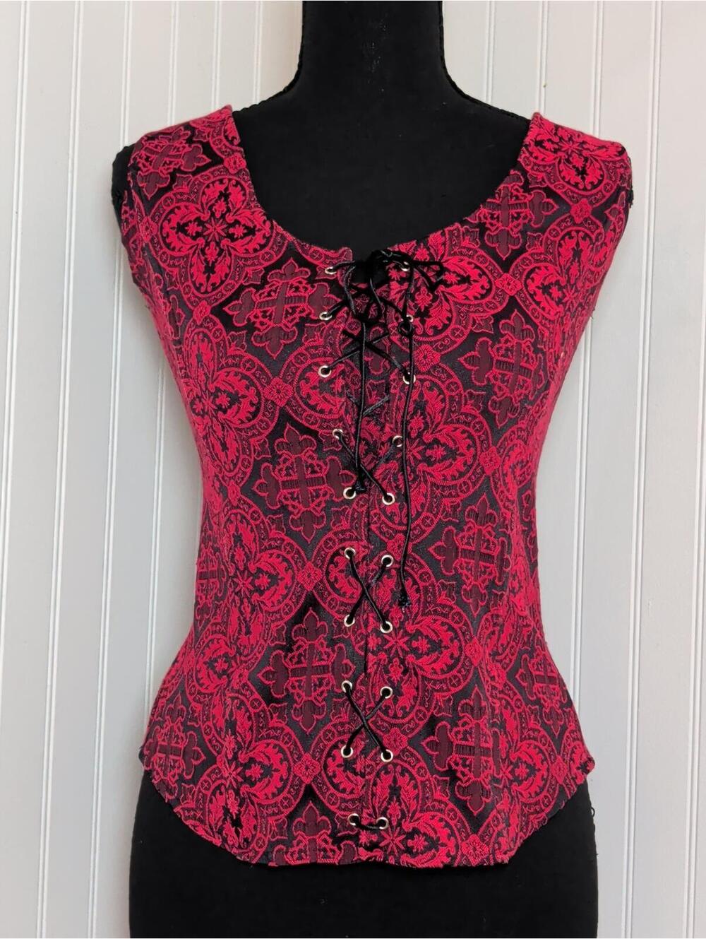 Vintage Morbid Threads Red Black Gothic Cross Brocade Lace Up Corset Vest Top XL